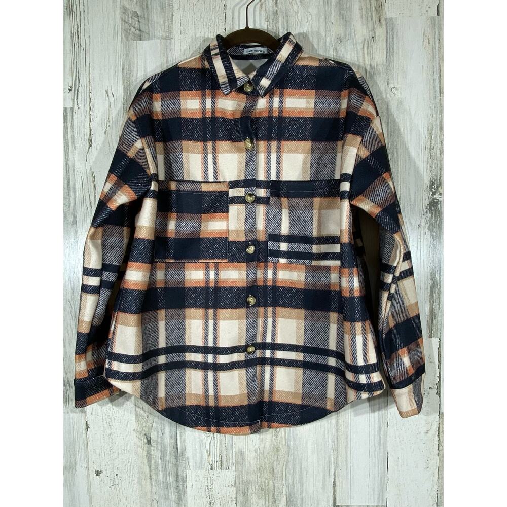 Betianro‎ Womens Flannel Shirt Jacket Shacket Medium Navy Peach Cream Plaid
